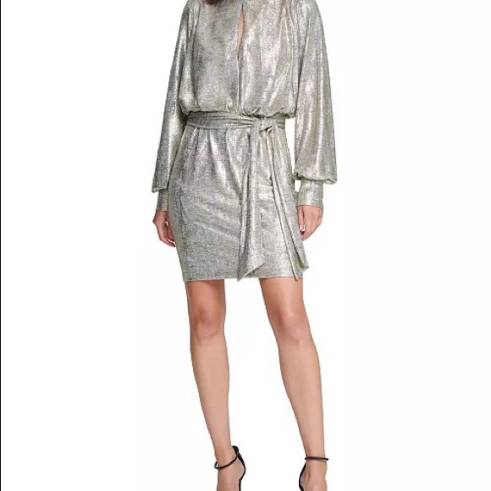 Vince Camuto metallic tie-waist shift dress. elegant fabric, sexy peephole